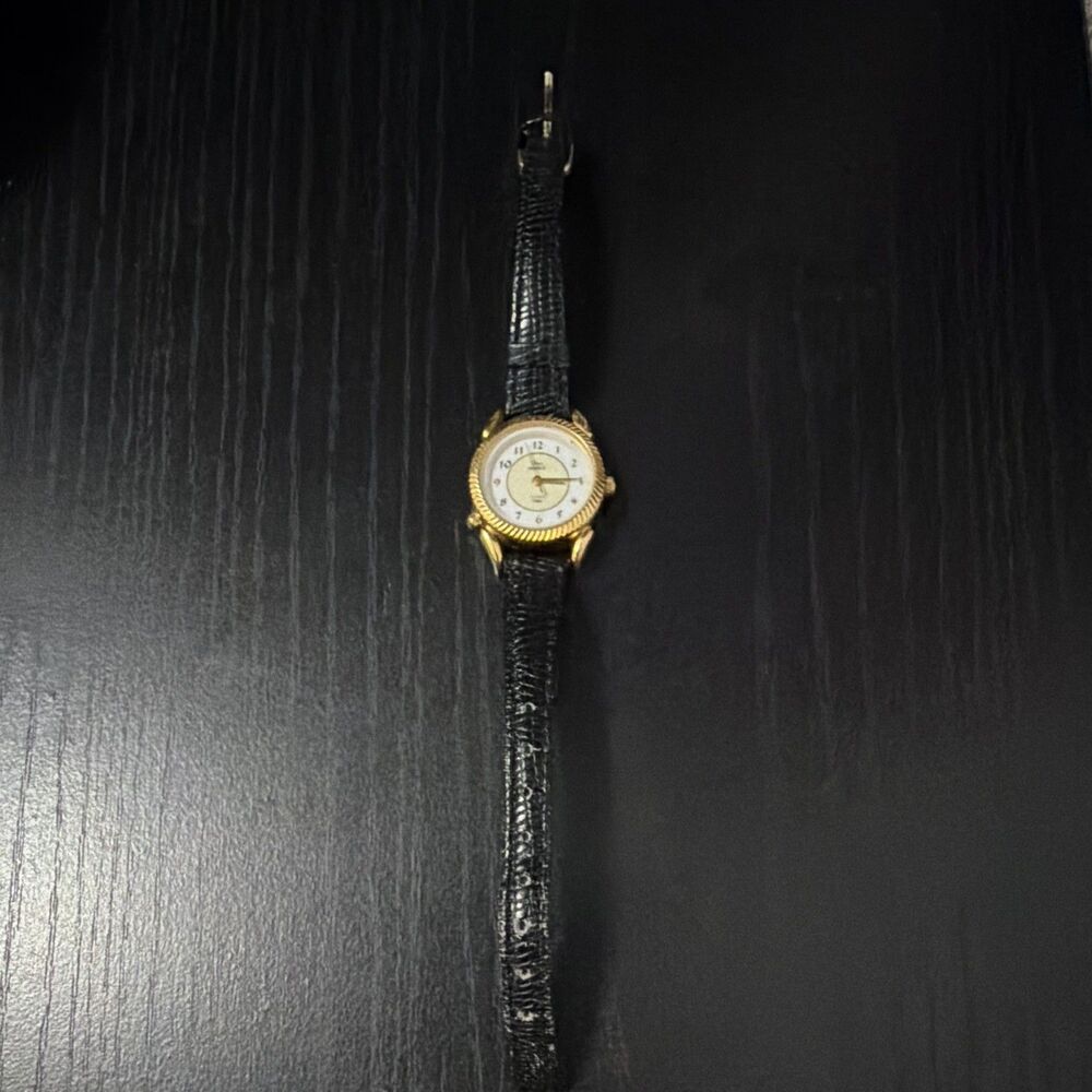 Vintage Timex Indiglo Quartz Gold Tone Fluted Bezel Black Band Watch CR1216